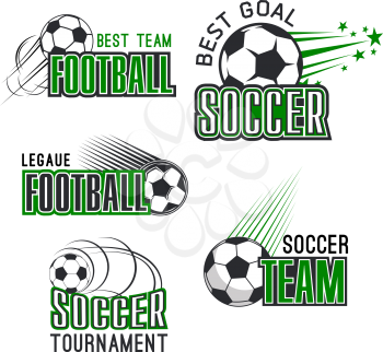 Soccer tournament or football college league championship icons templates. Vector isolated set of football ball in flying motion with victory stars for soccer fan club badge design