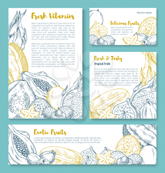Exotic fruit sketch poster template. Fresh tropical papaya, feijoa, carambola, dragon fruit, durian, passion fruit, lychee, guava and fig for exotic juice and dessert menu flyer, food and drink design