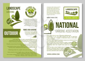 Landscape design and gardening service company poster, brochure template. National park, city garden and eco forest badge with green tree, plant and grass lawn for landscape architecture themes design