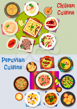 Chilean and peruvian healthy food icon set. Fish salad, soup, pie, ceviche with chilli sauce, vegetable, fruit and cheese, meat corn stew and casserole, beef steak, cheesecake, feta salad, corn cookie