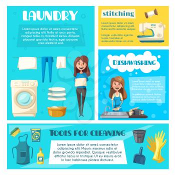 Housewife doing household chores cartoon banner template. Woman washing dishes, hanging laundry and sewing clothes poster set with bucket, apron, dustpan, sponge and soap. Housework themes design