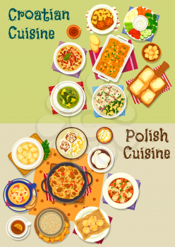Polish and croatian cuisine icon set with meat and fish vegetable stew, bean sausage and spinach soup, meat dumpling, fresh vegetable with cream sauce, meatball in tomato, cake, donut, cheese strudel