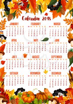 Autumn calendar 2018 template poster of falling maple, oak, aspen and rowan tree leaf with acorn, amanita or cep mushrooms and rowanberry, pumpkin or rowan berry harvest, fir and pine cones