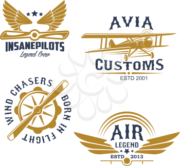 Aviation and airplanes retro symbols. Vintage biplane, airplane propeller and wings isolated icon for flying club emblem, aircraft business badge and air travel transportation themes design