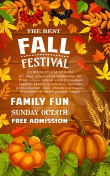 Fall festival poster with autumn harvest frame on wood background. Pumpkin vegetable and wheat, framed with fall maple leaf, orange foliage of forest tree and rowanberry branch for invitation design