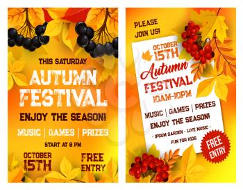 Autumn festival or live music event invitation poster template with date in garden park. Vector October seasonal event flyer design of autumn leaves of maple, oak acorn and rowan berry harvest