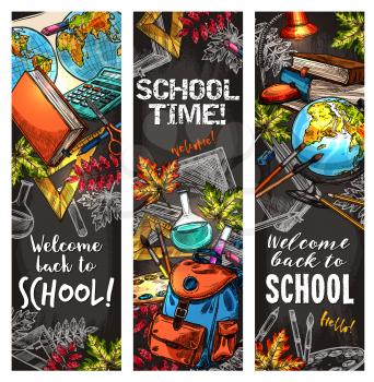 Back to school banner set of chalkboard with education tool. Student book, pencil, ruler, pen, scissors, calculator, school bag, paint palette, brush, globe, world map and flask chalk sketch poster