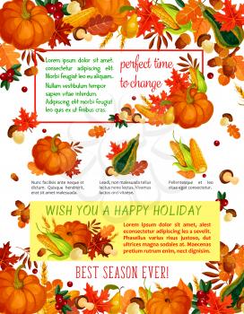 Autumn harvest celebration, Thanksgiving Day poster template. Orange pumpkin vegetable, autumn leaf, garden fruit and forest mushroom, fall foliage of maple, oak tree, acorn, wild berry banner design