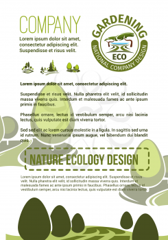 Gardening or landscaping company poster for urban horticulture and planting association. Vector design of green parks and nature landscape of eco village or woodland and parkland trees in forest