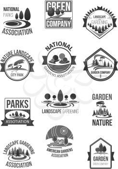 Parks and garden landscape or green gardening national association or horticulture company icons set. Vector symbols of nature and forest greenery, eco parklands and woodlands, green trees on squares