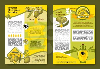 Olive oil posters or brochure with green or black olives design for far organic oil product. Vector extra virgin cooking olive oil drops and jars or bottles for Italian cuisine and market or store