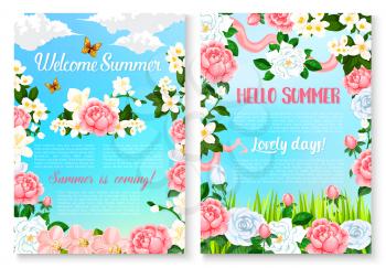 Summer flower cartoon poster set. Floral bouquet of blooming rose, peony, orchid, lily and jasmine flower branches, decorated by pink ribbon and butterfly. Hello Summer greeting banner design