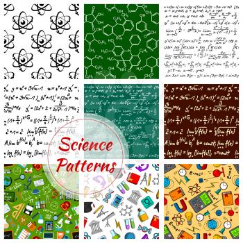 Science and knowledge seamless pattern of vector chemistry, astronomy or mathematics and physics items. Pattern of atom formula or microscope, globe and scientific school books, magnet and light bulb