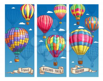 Hot air balloon and air travel sketch banner set. Air balloon floating in blue sky with clouds poster, decorated by vintage scroll and ribbon with text Travel, Balloon Tour, Voyage for tourism design