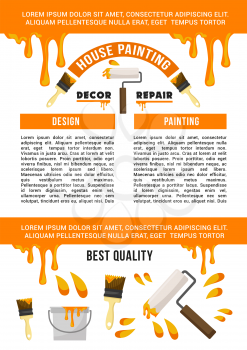 Home repair and house painting service banner template. Work tool for interior decor and exterior painting poster with paint can, brush, roller and text layout, decorated by drop and splashes of paint