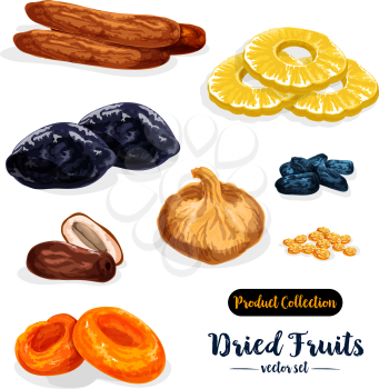 Dried fruit cartoon icon set. Raisins, date, apricot, prune, fig, pineapple, banana and damson fruit isolated sign for natural healthy sweets and snack food packaging label design