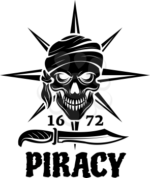 Skull of pirate in bandana icon. Head of dead pirate sailor with sword or knife and nautical compass rose on background for tattoo, piracy flag or t-shirt print design