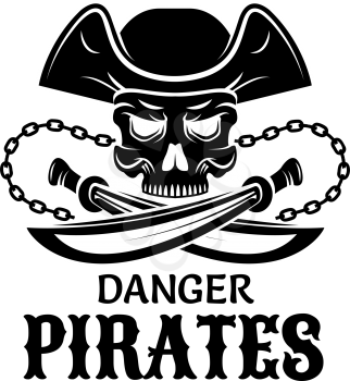Pirate captain skull isolated symbol. Piracy symbol of skeleton in captain hat with crossed sword and anchor chain for pirate ship flag, tattoo, t-shirt print and Halloween themes design