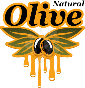 Natural olive isolated icon. Olive tree branch with black fruit and dripping oil for organic olive product packaging emblem and extra virgin oil bottle label design