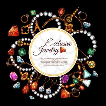 Jewelry accessories and fashion bijou of gemstones poster template. Vector exclusive design of gold and silver ring, necklace or earrings and golden pendants, jewels or diamonds and precious stones