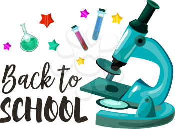 Back to School poster of chemistry lesson microscope and vial test with chemicals. Vector design of stars confetti for September seasonal school education and study greeting card or sale banner