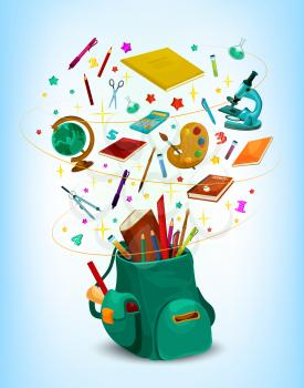 Back to School poster of rucksack or backpack full of lesson stationery and study supplies. Vector school book, pen or pencil and globe, maple or rowan leaf and ruler on in confetti