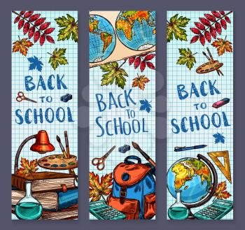Back to School banners on checkered pattern page background. Vector design of school backpack rucksack, book, pencil or pen stationery and geography globe map on autumn maple and rowan leaf