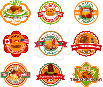 Thanksgiving Day label set of autumn harvest holiday. Pumpkin, fall maple leaf, turkey, pilgrim hat, cornucopia with vegetable and fruit, pie, honey and cranberry round badge with ribbon banner