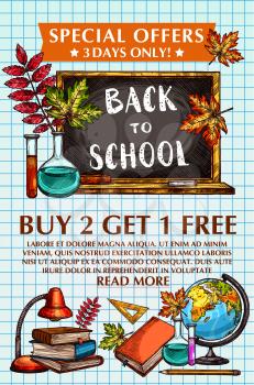 Back to School special promo sale poster on checkered copybook pattern background. Vector design of school chalkboard, book or pencil or globe, maple or rowan leaf and ruler for autumn seasonal sale