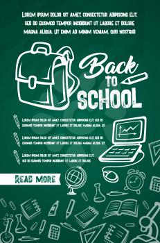 Back to School poster of lesson supplies list for education season design. Vector school rucksack or backpack, books and stationery, computer or pencil and ruler on green chalkboard pattern background