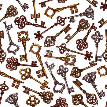 Keys seamless vintage pattern. Vector tracery of heraldic old metal or bronze and brass forged lock keys of royal fortress or antique medieval castle doors and gates with ornate flourish bows and ward