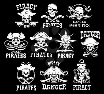 Jolly Roger skulls or pirate skeleton head icons on black flag background. Vector isolated piracy symbols of captain skull in tricorn sailor hat, crossed bones, swords or sabers and anchors