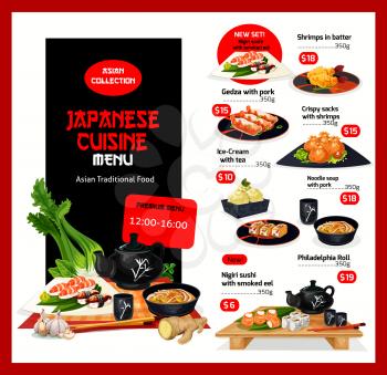 Japanese cuisine restaurant menu template. Vector Asian lunch offer for shrimps in butter, pork gedza or noodle soup, philadelphia roll or smoked eel nigiri sushi and ice cream dessert with tea