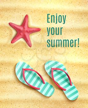 Enjoy Summer poster with flip-flop shoes and sea starfish on beach sand under sun. Vector design for summertime or holidays and ocean vacations travel or tropical summer adventure