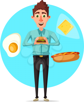 Man holding cheeseburger or fast food sandwich for breakfast or fastfood lunch. Vector flat icon of manager or office worker eating meals of hot dog, fried egg and cheese at break