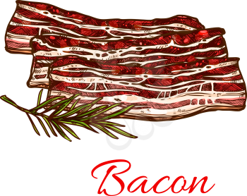 Bacon meat icon for butchery shop of fresh farm product. Vector raw meat pork brisket, beefsteak lump or tenderloin filet and sirloin steak with mutton lard layers and green seasoning