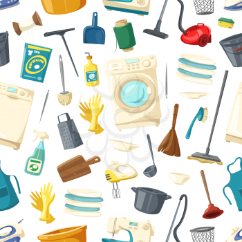 Housework seamless pattern of cleaning, mopping and laundry vector flat icons washing machine, broom or brush and soap detergent, vacuum cleaner or grater and saucepan, water bucket and dishware