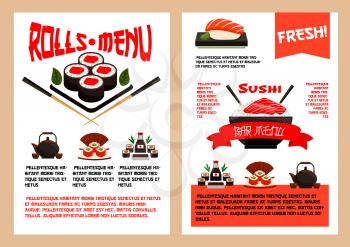 Sushi menu template for Japanese cuisine restaurant. Vector design of sushi roll, salmon fish guncan or miso and seafood noodle soup, eel maki and tuna sashimi with tempura shrimp prawn and chopsticks