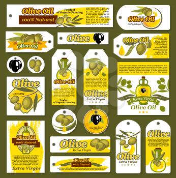 Olive oil product tags, banners or posters templates. Vector isolated set of fresh green and black olive harvest, oil drops of extra virgin organic cooking oil for bottles and jars labels