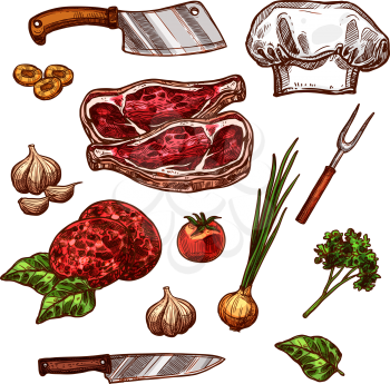 Butchery fresh meat and seasonings or cutlery icons for restaurant. Vector isolated set of chef hat and butcher hatchet knife, beef steak tenderloin or pork brisket, garlic and oregano or rosemary