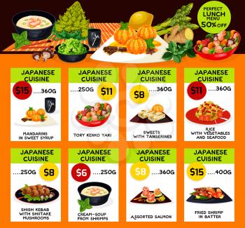 Japanese cuisine restaurant menu template. Vector lunch offer for sweet syrup tangerine, tory kenko yako or seafood and vegetable rice, shish kebab in shiitake mushrooms, shrimps cream soup and salmon