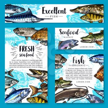 Seafood and fish food posters and banners templates set for fish and sea food market. Vector design of fresh trout, salmon or mackerel and marlin, flounder or tuna and herring sprats with sheatfish