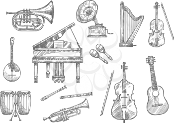 Musical instrument sketch set of classic, folk and jazz music. Piano, guitar and drum, violin, trumpet and flute, horn, maracas and harp, cello, mandolin and retro gramophone for music themes design