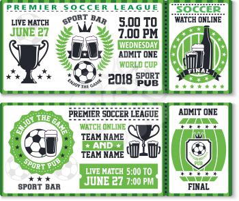 Soccer or football sport game league match ticket for sport bar template. Soccer ball and beer glass with winner trophy cup and beer barrel invitation flyer for sport pub broadcast of sporting event