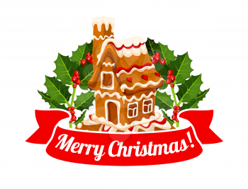 Gingerbread house festive badge for Christmas and New Year holiday design. Xmas ginger cookie in shape of home, adorned with icing ornaments, holly berry branch and ribbon banner with greeting wishes