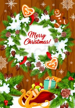 Merry Christmas wish greeting card for winter holidays celebration of fir cone wreath decoration. Vector Santa gift presents in sleigh, Christmas tree garland or gingerbread heart cookie and snow