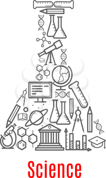 Chemical flask with science vector icon of microscope, atom, DNA, laboratory test tube, molecule, graph, book, pencil, computer, planet, telescope, university and graduation cap for education design
