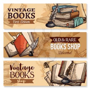 Old book with feather pen and inkwell sketch banner set. Vintage book, antique paper document or manuscript with ancient quill pen, inkpot and bookmark poster for education theme or book shop design