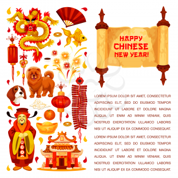 Happy Chinese New Year hieroglyph greeting on paper scroll and traditional symbols of China lunar year holiday. Vector golden dragon and red paper lantern, China emperor at temple and gold sycee ingot