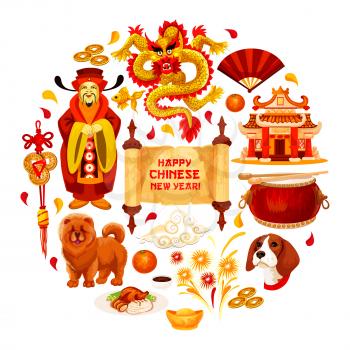 Happy Chinese New Year poster of traditional china lunar holiday symbols. Vector Emperor with hieroglyph greeting card, dragon and red paper lantern or golden coins on lucky knot ornament decoration